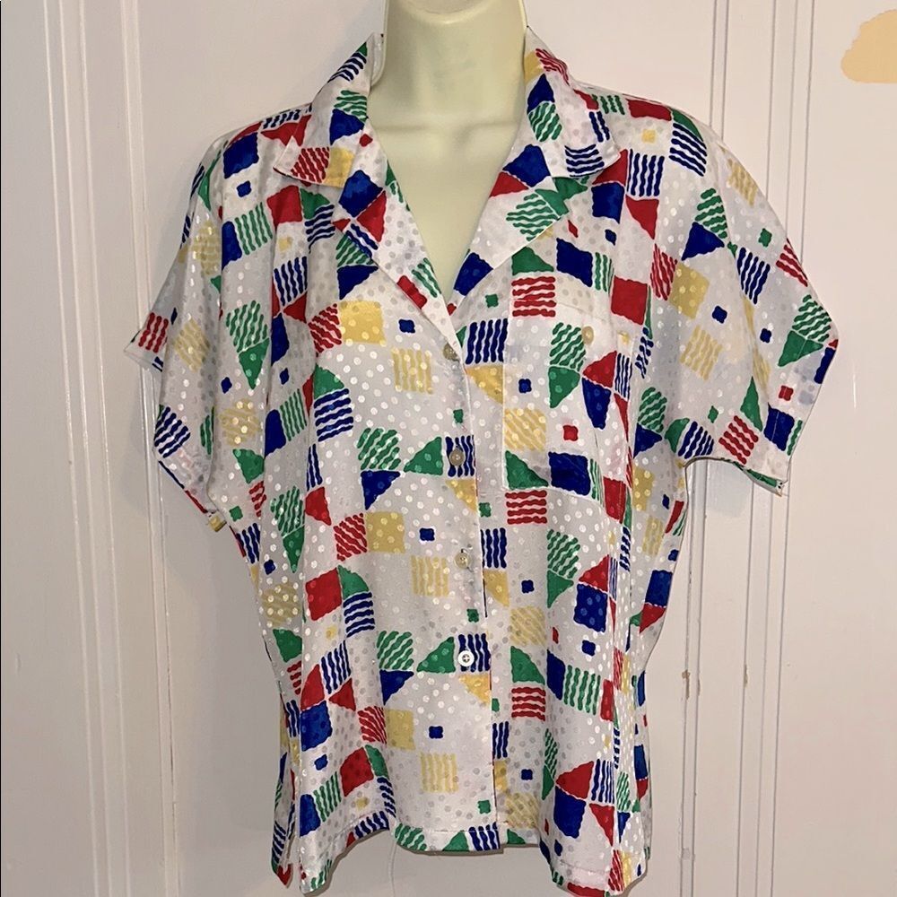 Vintage 70s/80s Shapely Colorful Geometric‎ Pattern Short Sleeve Polyester Shirt